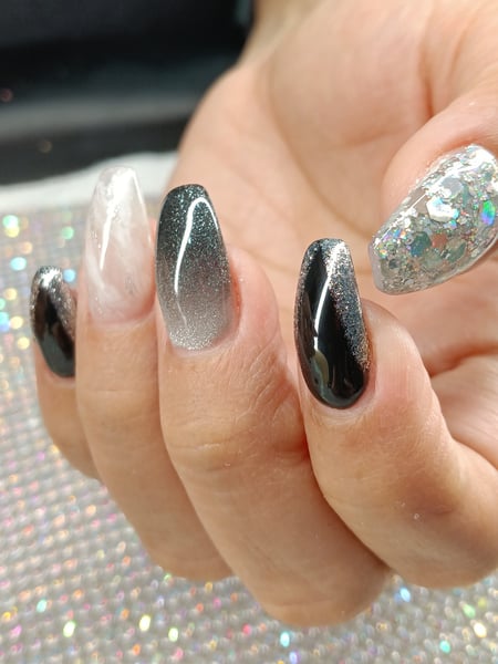 Image of  Nails, Gel, Black, Hand Painted, Glitter, Color Block, Coffin, Nail Style, Nail Color, Nail Length, Manicure, Nail Finish, Reverse French, Metallic, Medium, Mix-and-Match, Accent Nail, Nail Shape, Ombré, Nail Service Type
