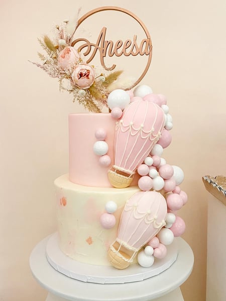 Image of  Cakes, Occasion, Birthday, Baby Shower, Color, Gold, Pink, Icing Type, Buttercream, Shape, Tiered, Theme, Baby, Ivory