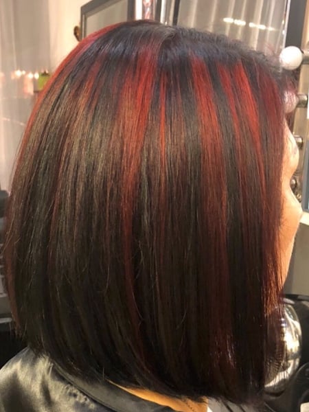 Image of  Bob, Haircuts, Women's Hair, Coily, Layered, Blunt, Curly, Bangs, Blowout, Beachy Waves, Hairstyles, Curly, Straight, Hair Extensions, Silver, Hair Color, Red, Brunette, Foilayage, Highlights, Full Color, Color Correction, Ombré, Fashion Color, Blonde, Long, Hair Length, Short Ear Length, Shoulder Length, Short Chin Length, Medium Length
