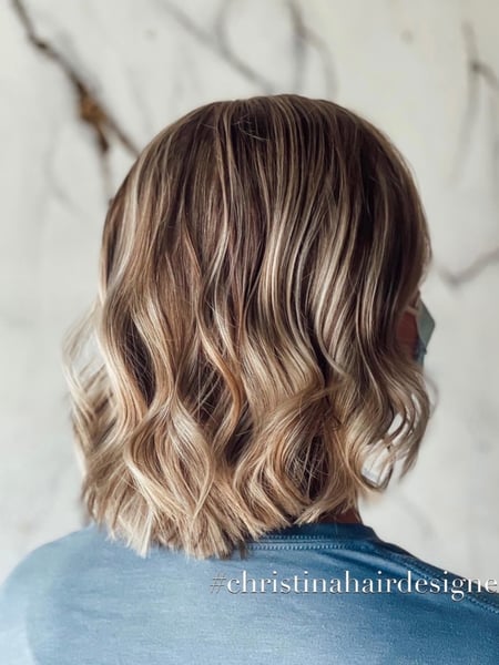 Image of  Women's Hair, Balayage, Hair Color, Blonde, Brunette, Foilayage, Highlights, Medium Length, Hair Length, Long, Shoulder Length, Short Chin Length, Layered, Haircuts, Bob, Beachy Waves, Hairstyles, Curly