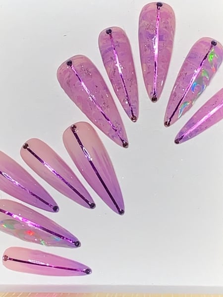 Image of  Nails, Nail Finish, Gel, Nail Length, Long, Nail Color, Purple, Metallic, Nail Style, Hand Painted, Ombré, Stickers, Nail Jewels, Nail Shape, Almond, Stiletto