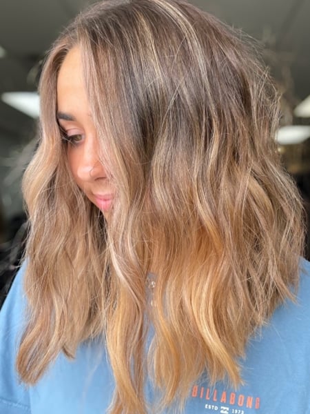 Image of  Women's Hair, Blowout, Hair Color, Balayage, Brunette, Blonde, Foilayage, Highlights, Hair Length, Shoulder Length, Haircuts, Bangs, Blunt, Curly, Layered, Beachy Waves, Hairstyles, Curly