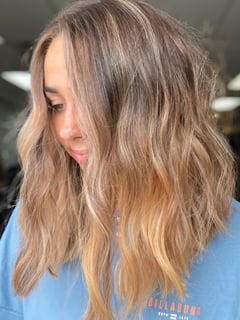 View Hair Length, Curls, Hairstyle, Beachy Waves, Layers, Curly, Blunt (Women's Haircut), Bangs, Haircut, Shoulder Length Hair, Highlights, Foilayage, Blonde, Brunette Hair, Balayage, Hair Color, Blowout, Women's Hair - Ashley Blevins, Oviedo, FL