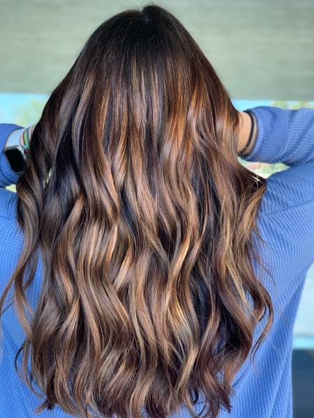Image of  Women's Hair, Blowout, Hair Color, Balayage, Foilayage, Brunette, Hair Length, Long, Layered, Haircuts, Hairstyles, Beachy Waves
