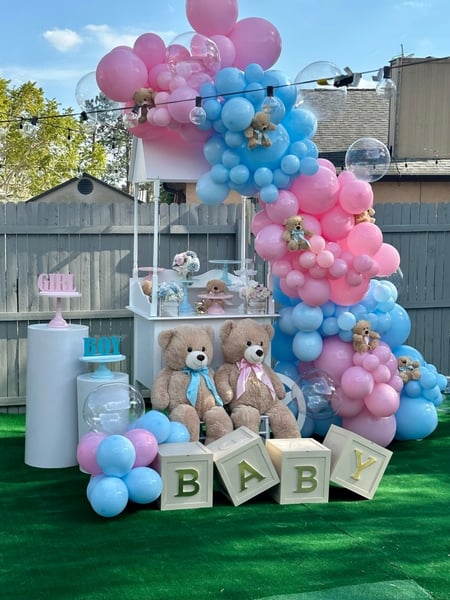 Image of  Balloon Decor, Arrangement Type, Balloon Arch, Event Type, Baby Shower, Colors, Blue, Pink, Accents, Flowers