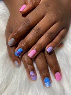 View Pink, Nail Shape, Round, Hand Painted, Jewels, Stickers, Nail Art, Nail Style, Accent Nail, Purple, Glitter, Nail Color, Blue, Nail Length, Short, Nail Finish, Gel, Manicure, Nails - Alexa Merritt, Conyers, GA