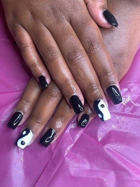 Image of  Nails, Acrylic, Nail Finish, Medium, Nail Length, Black, Nail Color, White, Hand Painted, Nail Style, Nail Art, Square, Nail Shape