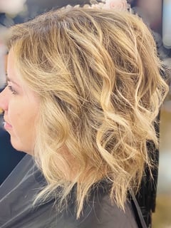 View Blonde, Hairstyles, Curly, Haircuts, Curly, Hair Length, Medium Length, Highlights, Foilayage, Hair Color, Women's Hair - Ashley Tucker, Nashville, TN