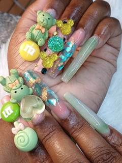View Nail Color, Beige, Nail Length, XXL, Gel, Dip Powder, Nail Finish, Nail Jewels, Nail Style, Accent Nail, Yellow, White, Metallic, Light Green, Green, Gold, Glass, Clear, Acrylic, Nails - Ms.Trap, Cleveland, OH