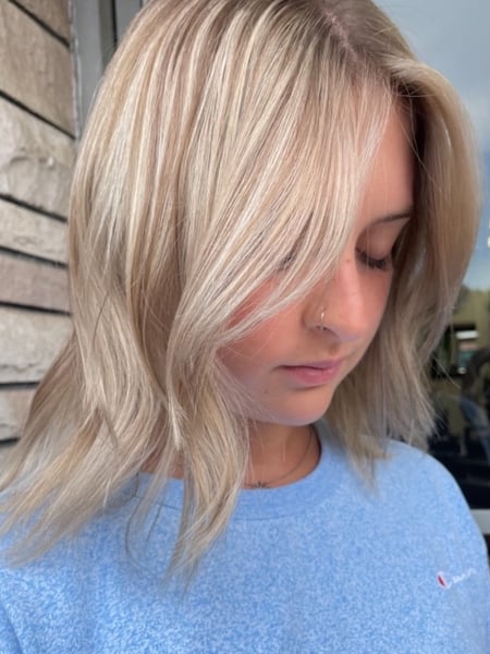 Image of  Women's Hair, Blowout, Blonde, Hair Color, Highlights, Foilayage, Shoulder Length, Hair Length, Blunt, Haircuts, Beachy Waves, Hairstyles