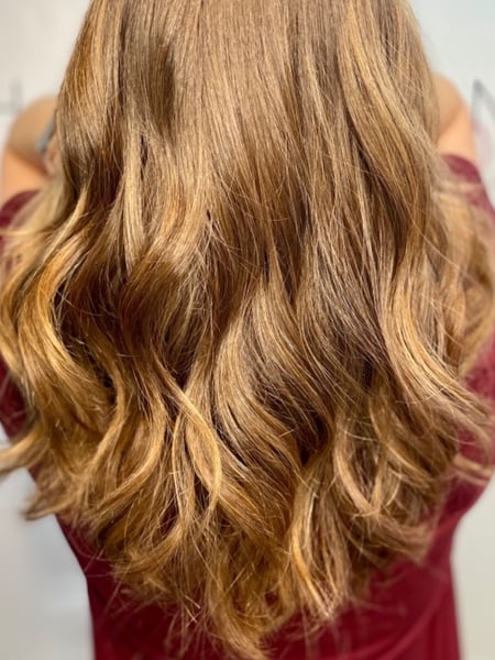 Image of  Women's Hair, Balayage, Hair Color, Highlights, Brunette, Blonde, Hair Length, Medium Length, Long, Layered, Haircuts, Beachy Waves, Hairstyles, Curly