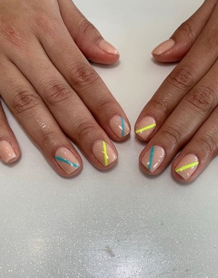 Image of  Nails, Manicure, Beige, Nail Color, Neon, Green, Yellow, Gel, Nail Finish, Short, Nail Length, Square, Nail Shape, Mix-and-Match, Nail Style