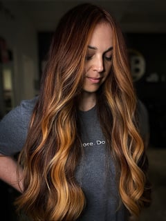 View Red, Fashion Color, Ombré, Blonde, Balayage, Long, Women's Hair, Hair Color, Highlights, Hair Length, Foilayage - Brittany Shadle, New Caney, TX