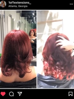 View Hairstyle, Curls, Haircut, Blunt (Women's Haircut), Hair Color, Red, Women's Hair, Hair Extensions - Pranvera Sadiku, Snellville, GA