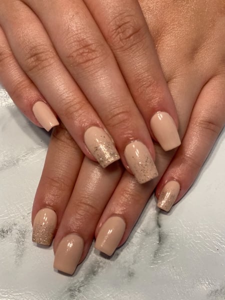 Image of  Nails, Manicure, Gel, Nail Finish, Short, Nail Length, Beige, Nail Color, Gold, Glitter, Accent Nail, Nail Style, Mix-and-Match, Square, Nail Shape