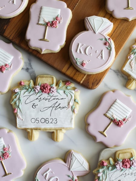 Image of  Cookies, Occasion, Wedding, Anniversary, Valentine's Day, Engagement, Color, Pastel, Pink, Purple, White, Theme, Floral, Wedding, Engagement