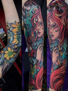 View Tattoos, Tattoo Style, Tattoo Bodypart, Tattoo Colors, Japanese, Shoulder, Arm , Forearm , Green , Red, Yellow  - Terry Ribera, San Diego, CA
