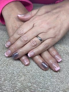 View Short, Manicure, Gel, Nails, Treatment, Nail Shape, Square, Nail Art, Jewels, Accent Nail, Nail Style, Nail Finish, French Manicure, Pastel, Pink, Glitter, Nail Color, Beige, Nail Length - Jenny Davis, Melbourne, FL