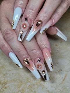 View Nail Finish, Nail Shape, Coffin, Ombré, 3D, Nail Style, Reverse French, White, Nail Color, Pink, Long, Nail Length, Nails, Acrylic - Ivet Campos , West Palm Beach, FL
