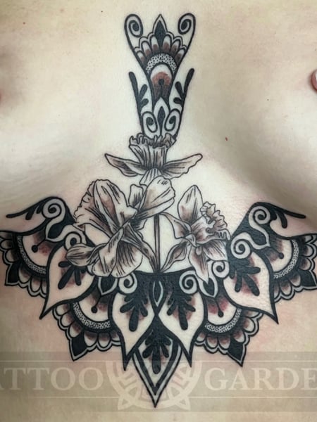 Image of  Tattoos, Tattoo Style, Tattoo Bodypart, Tattoo Colors, Aesthetic, Black & Grey, Neo Traditional, Under Boob , Black 