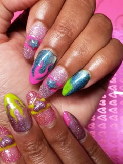 View Manicure, Medium, Nail Length, Nails, Nail Art, Nail Style, French Manicure, Mix-and-Match, 3D, Hand Painted, Purple, Nail Color, Pink, Glitter, Neon, Gel, Nail Finish, Almond, Nail Shape - Abrianna Reeves, Burbank, CA