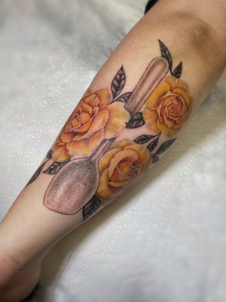 Image of  Tattoos, Tattoo Style, Tattoo Bodypart, Tattoo Colors, Aesthetic, Black & Grey, Fine Line, Realism, Forearm , Yellow 