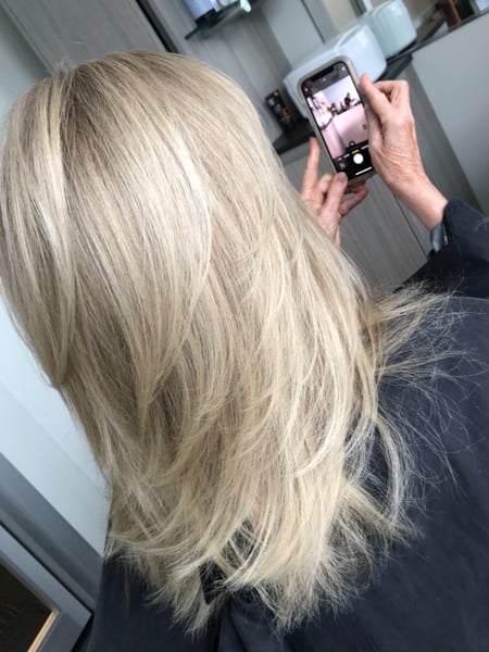 Image of  Women's Hair, Blowout, Hair Color, Balayage, Fashion Color, Full Color, Silver, Foilayage, Blonde, Medium Length, Hair Length, Layered, Haircuts, Hairstyles, Straight