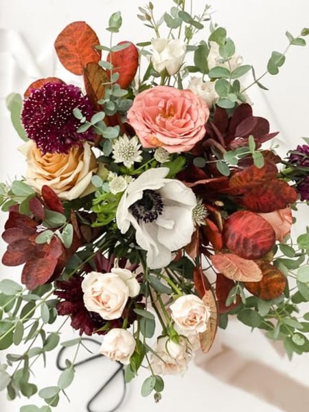 Image of  Florist, Arrangement Type, Centerpiece, Bouquet, Occasion, Wedding, Wedding Ceremony, Wedding Centerpiece, Flower Type, Eucalyptus, Rose, Anemone, Scabiosa