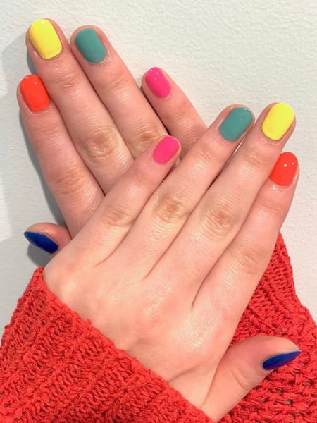 Image of  Nails, Yellow, Nail Color, Orange, Pink, Blue, Manicure, Short, Nail Length, Gel, Nail Finish, Squoval, Nail Shape, Accent Nail, Nail Style