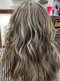 View Women's Hair, Hairstyles, Beachy Waves, Haircuts, Layered, Silver, Full Color, Highlights, Foilayage, Blonde, Balayage, Hair Color - Mimi Ruiz, Fremont, CA