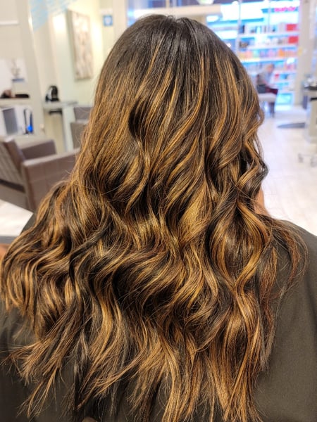 Image of  Layered, Haircuts, Women's Hair, Blowout, Permanent Hair Straightening, Silk Press, Hairstyles, Beachy Waves, Hair Extensions, Hair Color, Brunette, Foilayage, Highlights, Full Color, Color Correction, Balayage, Long, Hair Length