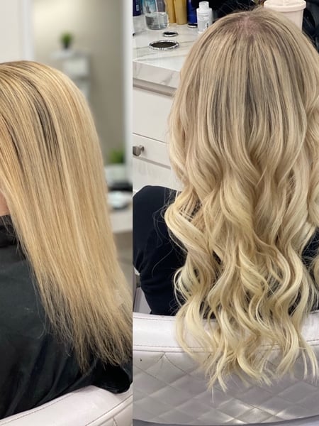 Image of  Women's Hair, Hair Color, Blonde, Color Correction, Foilayage, Full Color, Highlights, Hair Length, Shoulder Length, Long, Bob, Haircuts, Curly, Beachy Waves, Hairstyles, Bridal, Hair Extensions, Straight, Weave, Hair Restoration