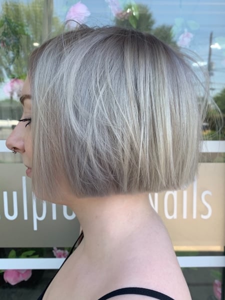 Image of  Women's Hair, Blowout, Hair Color, Blonde, Full Color, Silver, Hair Length, Short Chin Length, Blunt, Haircuts, Straight, Hairstyles