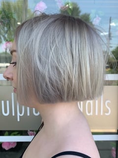 View Women's Hair, Hairstyles, Straight, Haircuts, Blunt, Short Chin Length, Hair Length, Silver, Full Color, Blonde, Hair Color, Blowout - Samantha Margiotta, Voorhees, NJ