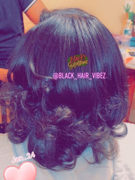 Image of  Women's Hair, Black, Hair Color, Blowout, Hair Length, Medium Length, Short Ear Length, Bangs, Haircuts, Curly, Layered