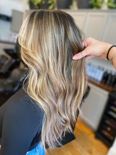 View Women's Hair, Curls, Beachy Waves, Hairstyle, Layers, Bangs, Haircut, Long Hair (Mid Back Length), Hair Length, Ombré, Highlights, Foilayage, Blonde, Blowout, Hair Color, Balayage - Madeline Egan, Kingston, MA