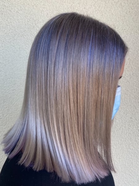 Image of  Women's Hair, Hair Color, Blowout, Fashion Color, Color Correction, Full Color, Silver, Shoulder Length, Hair Length, Blunt, Haircuts, Straight, Hairstyles