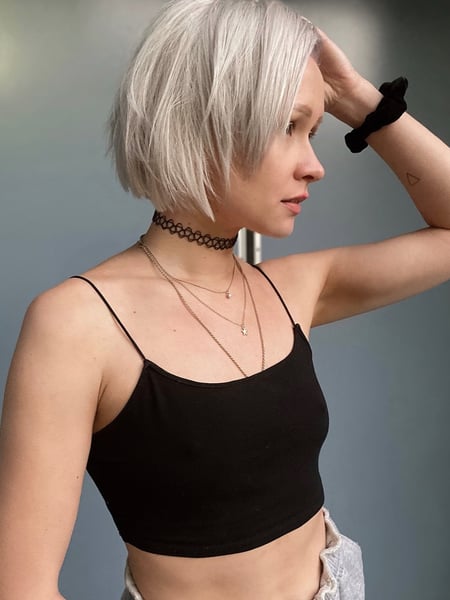 Image of  Women's Hair, Hair Color, Blonde, Fashion Color, Full Color, Silver, Hair Length, Short Ear Length, Short Chin Length, Shoulder Length, Haircuts, Blunt, Bob, Straight, Hairstyles