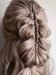 View Bridal Hair, Hairstyle, Hair Length, Long Hair (Upper Back Length), Updo, Hair Color, Blonde, Women's Hair, Braid (Boho Chic) - Jocelyn Emerson, Chardon, OH
