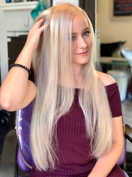 Image of  Women's Hair, Hair Color, Balayage, Blonde, Color Correction, Foilayage, Full Color, Highlights, Hair Length, Short Chin Length, Medium Length, Short Ear Length, Shoulder Length, Long, Permanent Hair Straightening, Hairstyles, Brunette, Haircuts