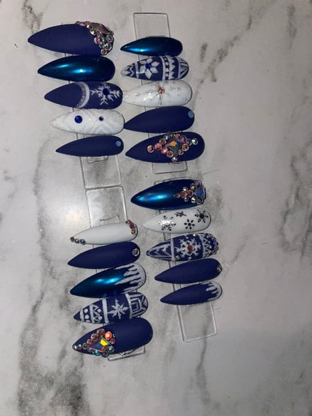 Image of  Long, Nail Length, Nails, Nail Art, Nail Style, Accent Nail, Stickers, Hand Painted, Jewels, White, Nail Color, Glitter, Blue, Gel, Nail Finish, Stiletto, Nail Shape