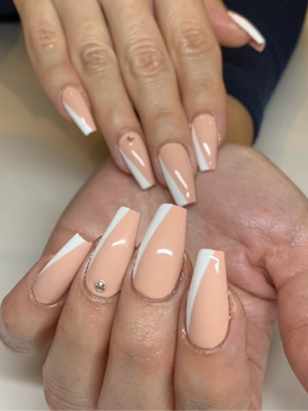 Image of  Nails, Gel, Nail Finish, Long, Nail Length, Beige, Nail Color, White, French Manicure, Nail Style, Hand Painted, Coffin, Nail Shape