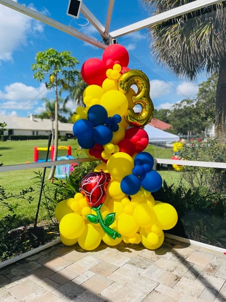 Image of  Balloon Decor, Arrangement Type, Balloon Garland, Event Type, Birthday, Colors, Blue, Yellow, Red, Accents, Flowers, Characters