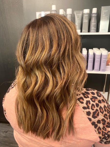 Image of  Women's Hair, Balayage, Hair Color, Brunette Hair, Foilayage, Long Hair (Upper Back Length), Hair Length, Curly, Haircut, Layers, Beachy Waves, Hairstyle
