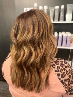 View Haircut, Women's Hair, Balayage, Hair Color, Brunette Hair, Foilayage, Long Hair (Upper Back Length), Hair Length, Curly, Layers, Beachy Waves, Hairstyle - Jenna Miller, Grove City, OH