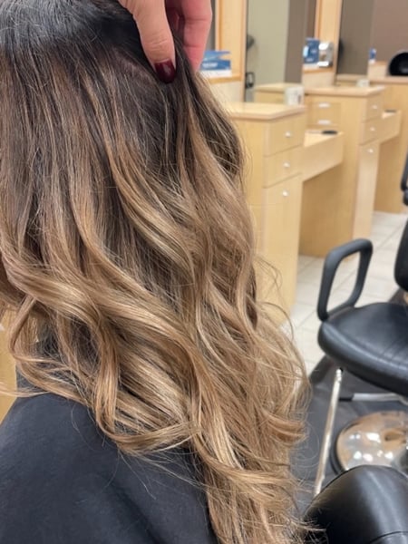 Image of  Women's Hair, Balayage, Hair Color, Blonde, Brunette, Color Correction, Long, Hair Length, Layered, Haircuts, Beachy Waves, Hairstyles, Curly