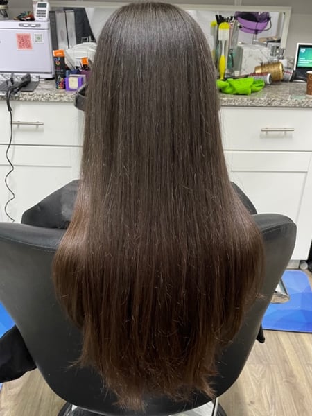 Image of  Women's Hair, Blowout, Long, Hair Length, Layered, Haircuts, Straight, Hairstyles, Keratin, Permanent Hair Straightening