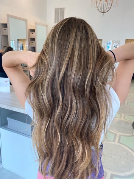 Image of  Women's Hair, Balayage, Hair Color, Blonde, Brunette Hair, Foilayage, Highlights, Long Hair (Mid Back Length), Hair Length, Layers, Haircut, Beachy Waves, Hairstyle, Curls