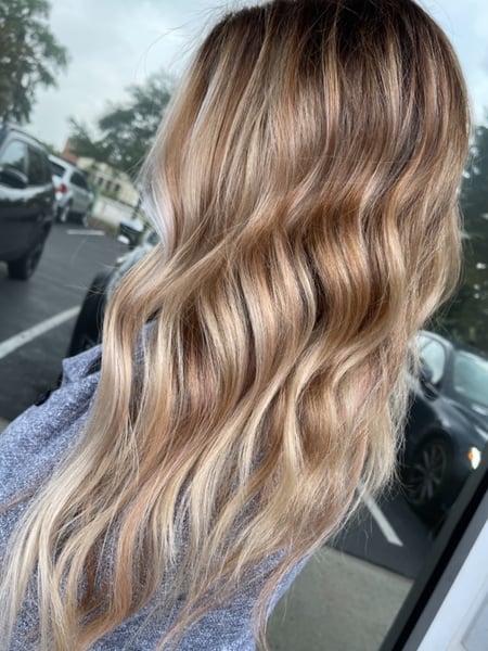Image of  Women's Hair, Blowout, Hair Color, Balayage, Blonde, Foilayage, Highlights, Hair Length, Long, Haircuts, Curly, Layered, Beachy Waves, Hairstyles, Curly