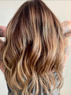 View Women's Hair, Curly, Brunette, Hair Color, Foilayage, Highlights, Balayage, Beachy Waves, Hairstyles - Lindsey, Westminster, CO